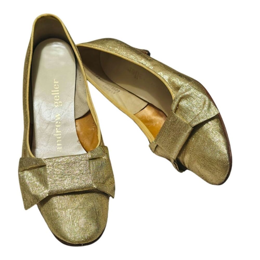 1960s Gold Metallic Heels Big Bow Round Toe Block Heel Andrew Geller Size 6.5
